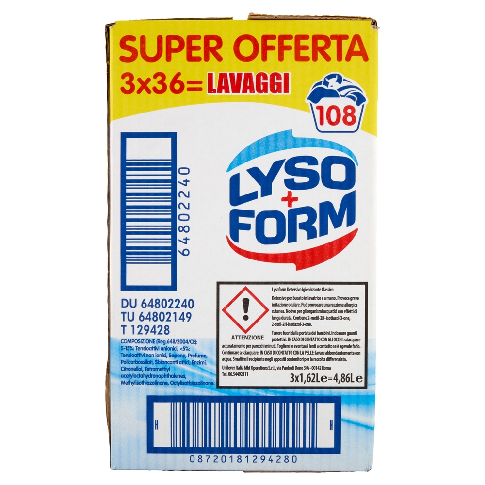 Lysoform Detresivo Igienizzante Classico 3x36=108 Lavaggi 3x1,62L